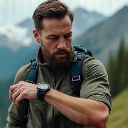 Customer Lucas checking time during hike